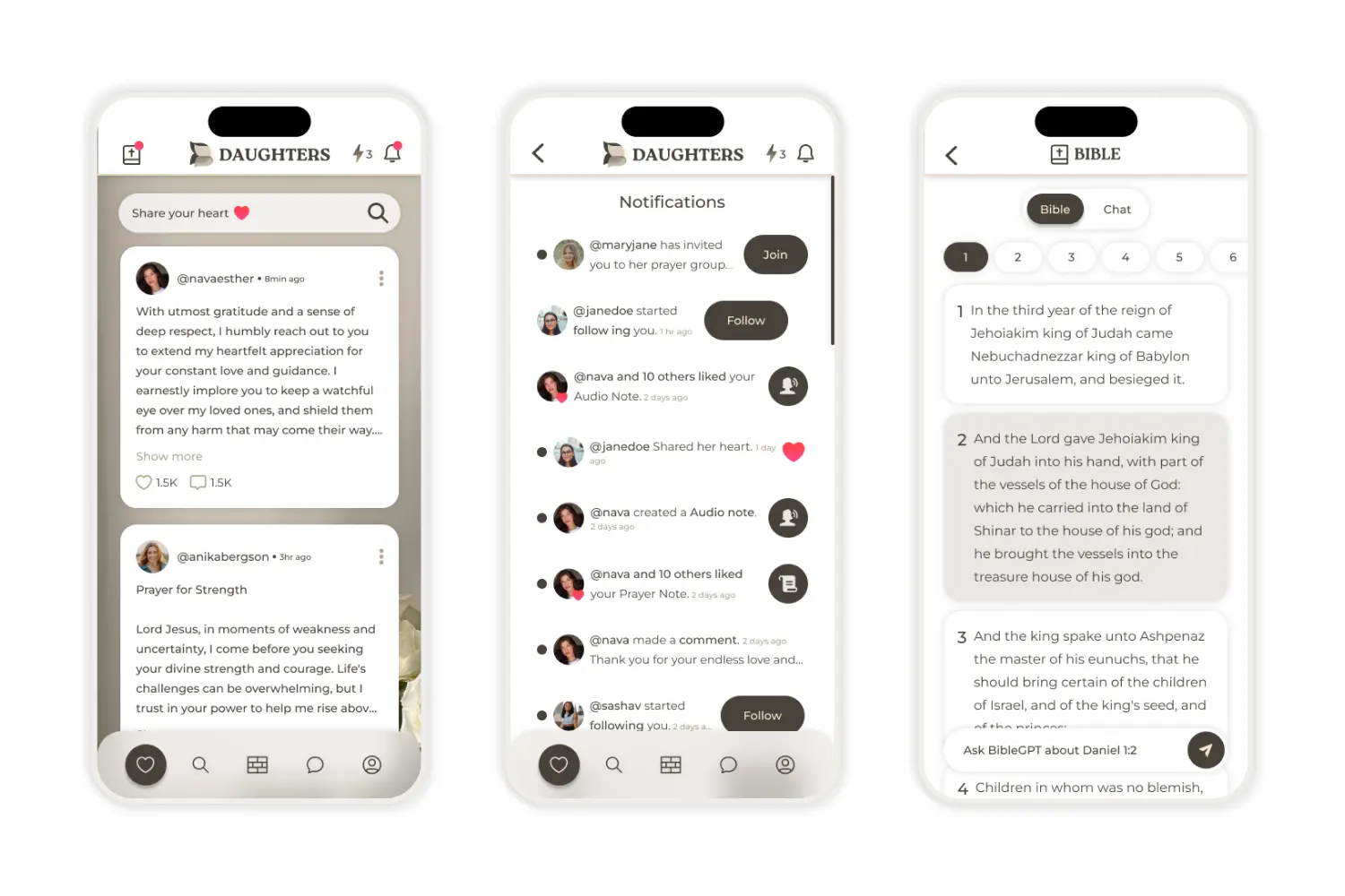 Daughters App Feed and BibleGPT
